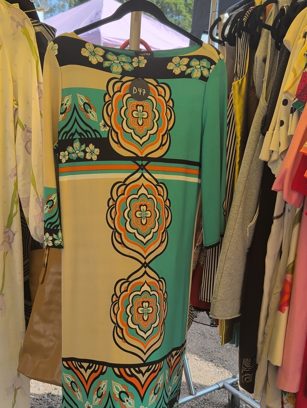 Forever 21 Teal, Cream and Black Midi Dress with Floral Medallion Print